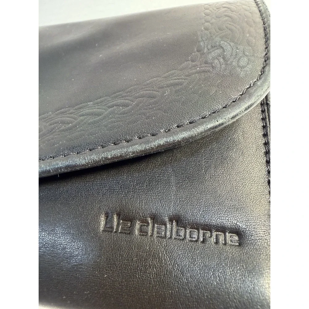 Vintage Liz Claiborne‎ Black Leather Clutch Wallet Embossed Braiding Flap